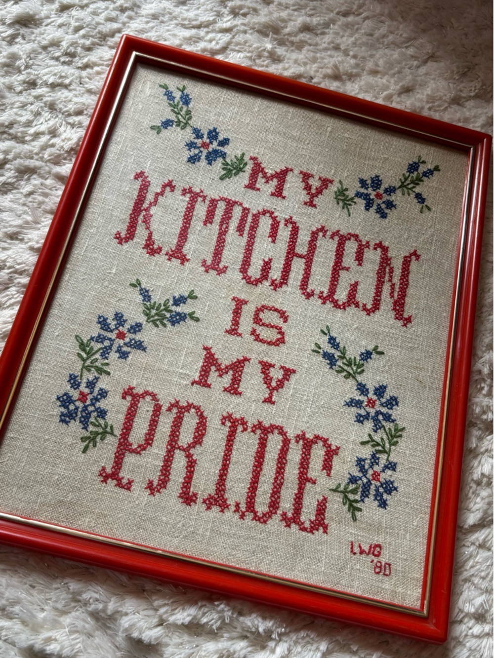 Handmade Cross Stitch Floral Sampler in Red Heart and Blue